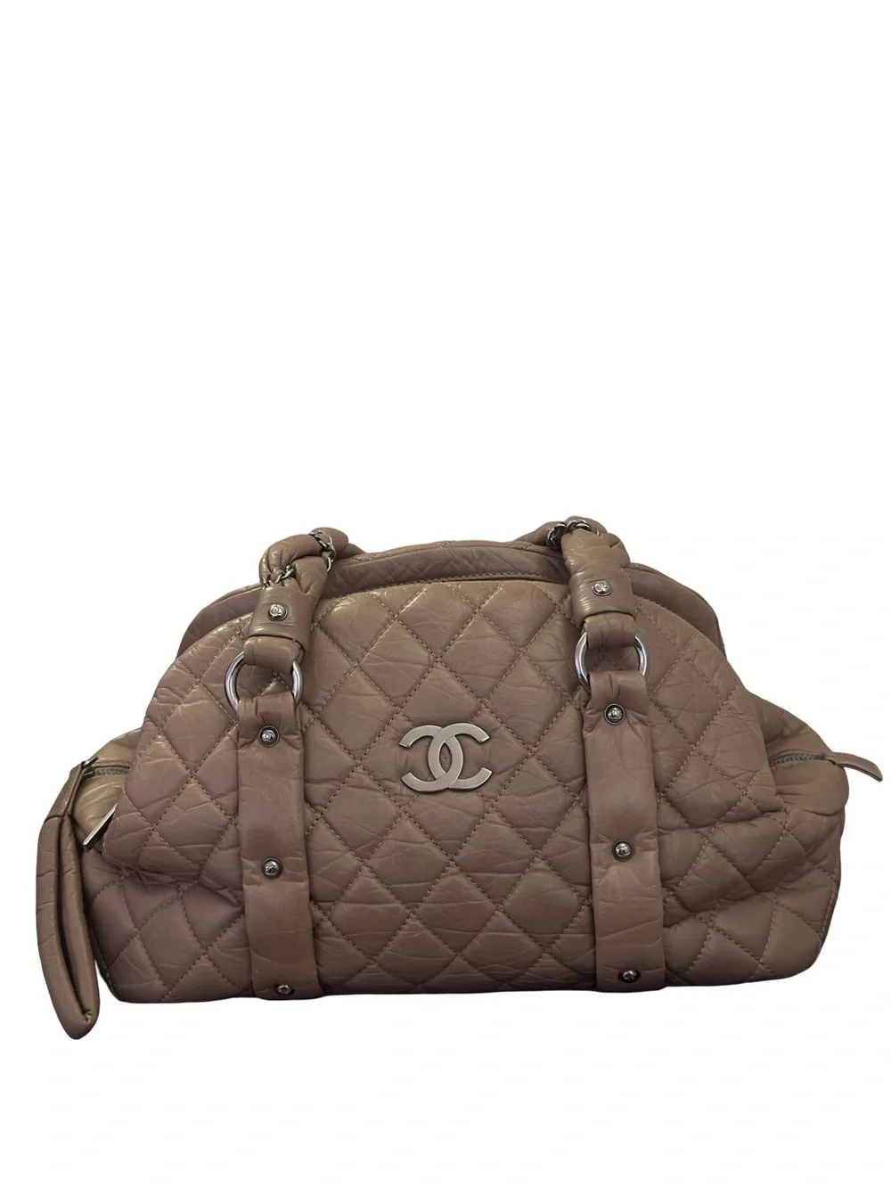 Chanel Lady Braid Bowler Bag Distressed Lambskin Taupe Quilted Satchel 13”